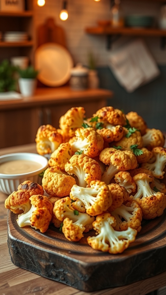 Roasted cauliflower florets on a wooden platter, garnished with herbs and served with dipping sauce.